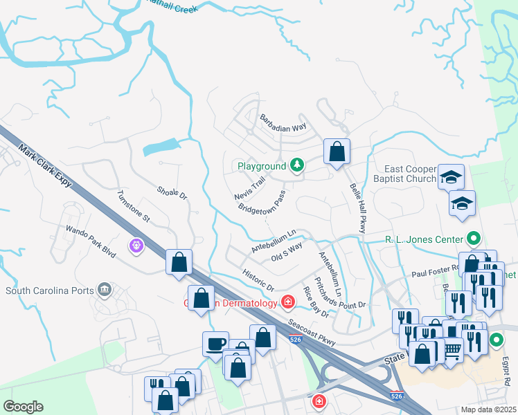 map of restaurants, bars, coffee shops, grocery stores, and more near 341 Bridgetown Pass in Mount Pleasant