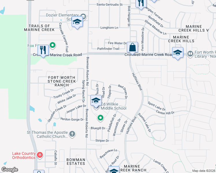 map of restaurants, bars, coffee shops, grocery stores, and more near 6161 Tilapia Drive in Fort Worth