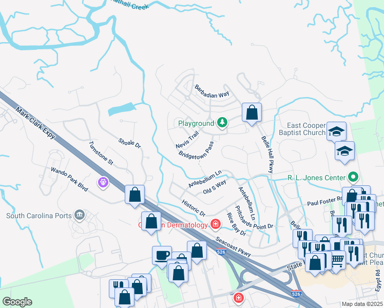 map of restaurants, bars, coffee shops, grocery stores, and more near 332 Nevis Trail in Mount Pleasant