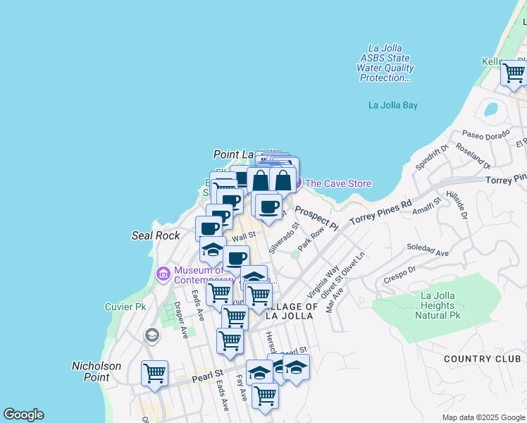 map of restaurants, bars, coffee shops, grocery stores, and more near 1278 Prospect Street in San Diego