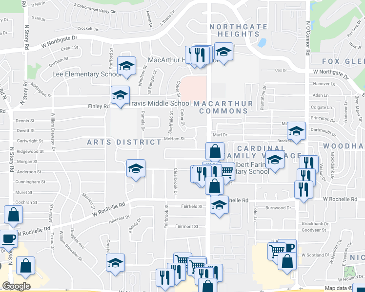 map of restaurants, bars, coffee shops, grocery stores, and more near 1306 McHam Street in Irving
