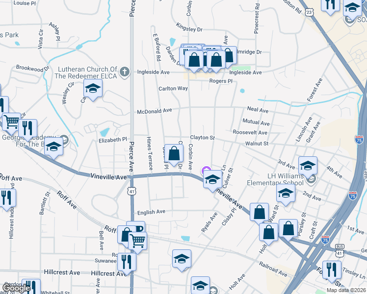 map of restaurants, bars, coffee shops, grocery stores, and more near 183 Calloway Drive in Macon