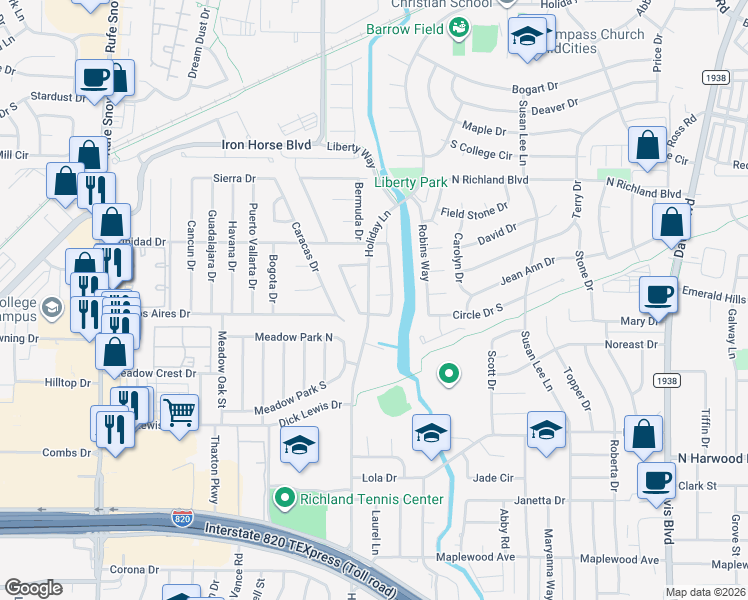 map of restaurants, bars, coffee shops, grocery stores, and more near 7200 Whippoorwill Ct in North Richland Hills