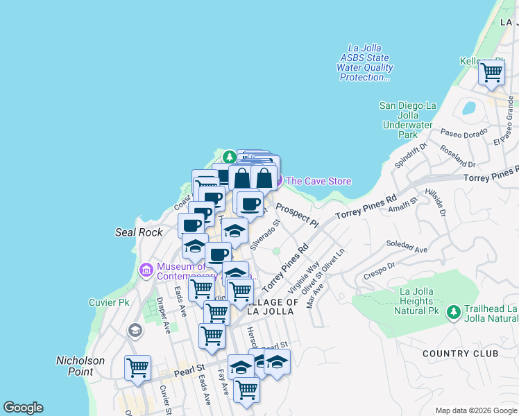 map of restaurants, bars, coffee shops, grocery stores, and more near 1250 Cave Street in San Diego
