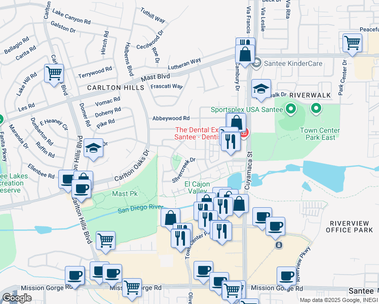map of restaurants, bars, coffee shops, grocery stores, and more near 223 Clearcreek Place in Santee