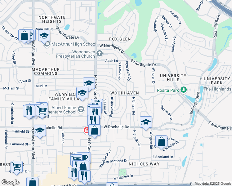 map of restaurants, bars, coffee shops, grocery stores, and more near 3307 Dartmouth Drive in Irving