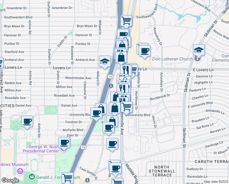 map of restaurants, bars, coffee shops, grocery stores, and more near 5646 Milton Street in Dallas
