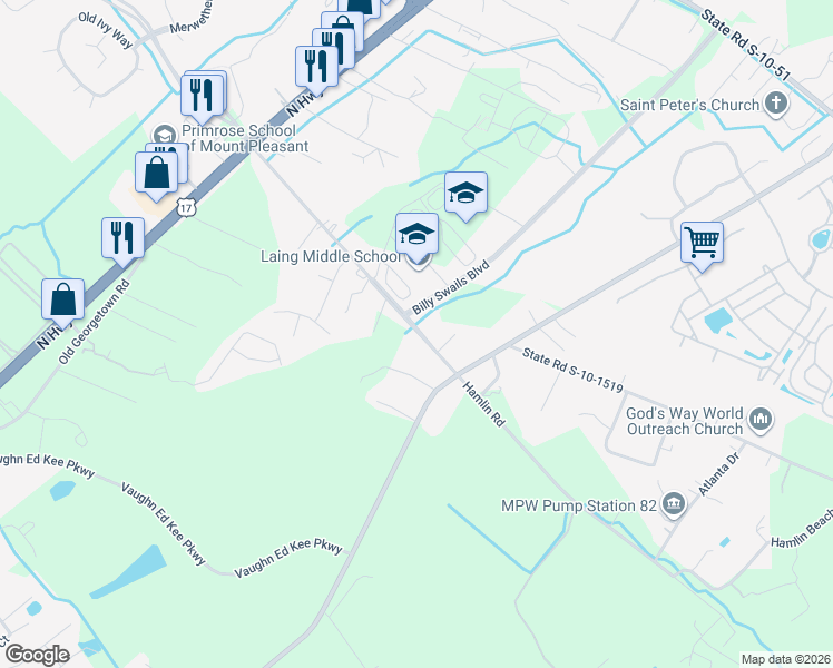 map of restaurants, bars, coffee shops, grocery stores, and more near 1309 Hamlin Road in Mount Pleasant
