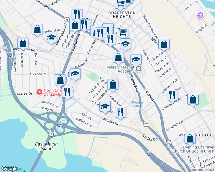 map of restaurants, bars, coffee shops, grocery stores, and more near 2126 Easton Street in North Charleston