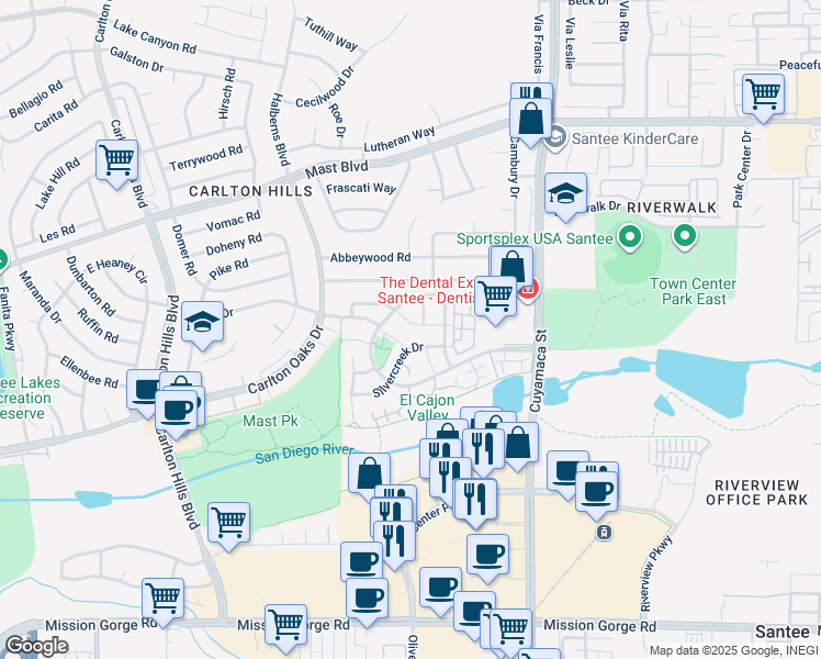 map of restaurants, bars, coffee shops, grocery stores, and more near 223 Clearcreek Place in Santee