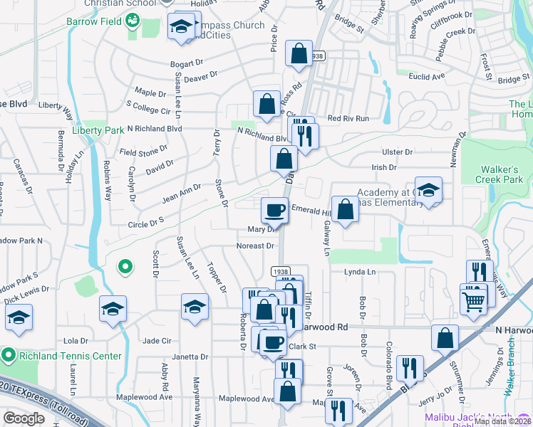 map of restaurants, bars, coffee shops, grocery stores, and more near 5541 Davis Boulevard in North Richland Hills