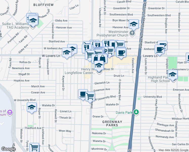 map of restaurants, bars, coffee shops, grocery stores, and more near 5314 Boaz Street in Dallas