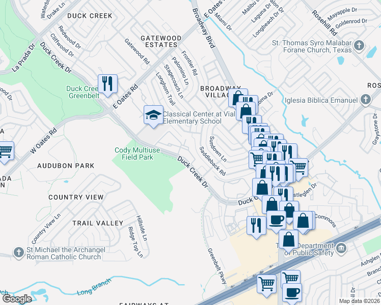 map of restaurants, bars, coffee shops, grocery stores, and more near 6070 Saddlebrook in Garland
