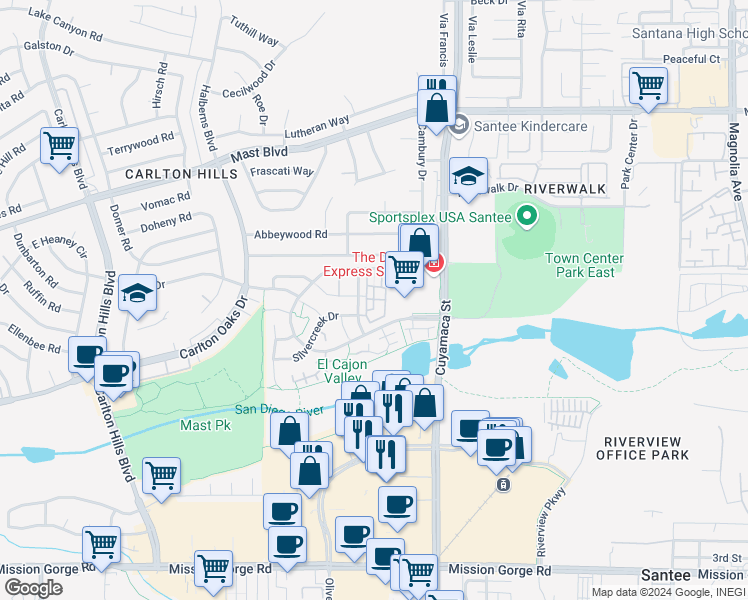 map of restaurants, bars, coffee shops, grocery stores, and more near 405 Whispering Willow Drive in Santee