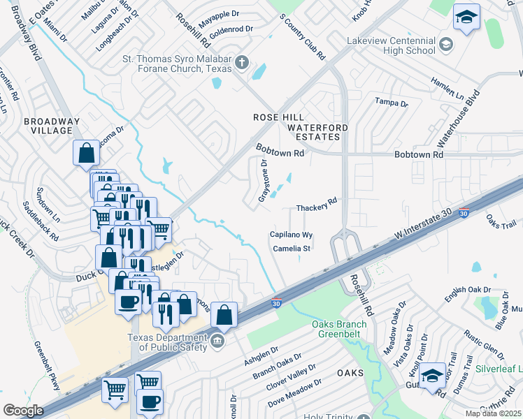 map of restaurants, bars, coffee shops, grocery stores, and more near 810 Graystone Drive in Garland