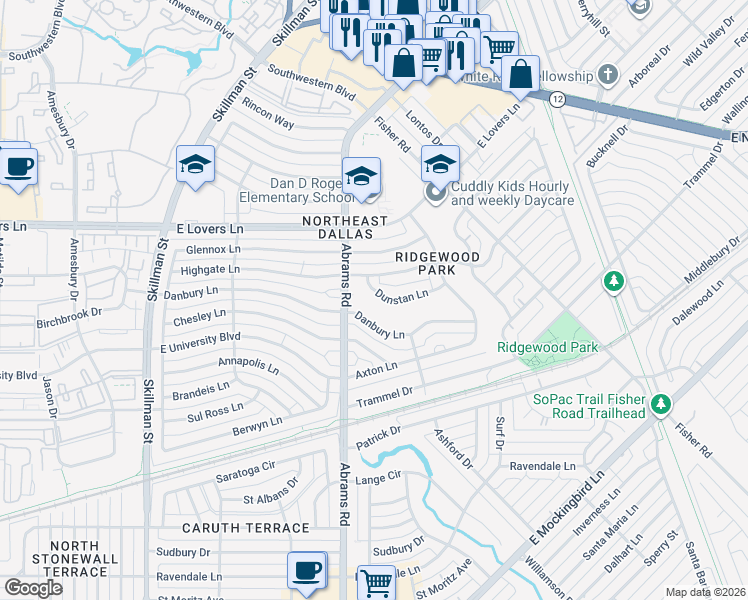 map of restaurants, bars, coffee shops, grocery stores, and more near 6422 Dunstan Lane in Dallas
