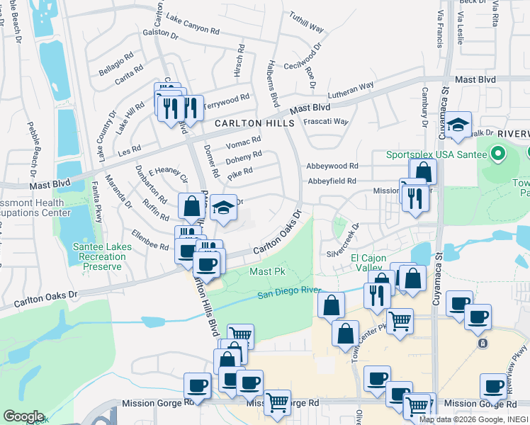 map of restaurants, bars, coffee shops, grocery stores, and more near 9440 Mandeville Court in Santee