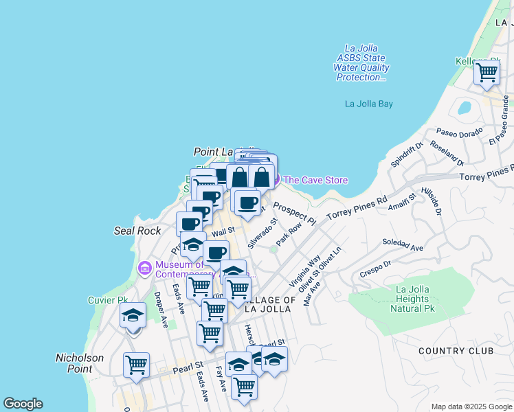 map of restaurants, bars, coffee shops, grocery stores, and more near 1278 Prospect Street in San Diego