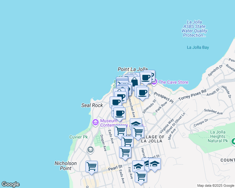 map of restaurants, bars, coffee shops, grocery stores, and more near 1043 Coast Boulevard South in San Diego