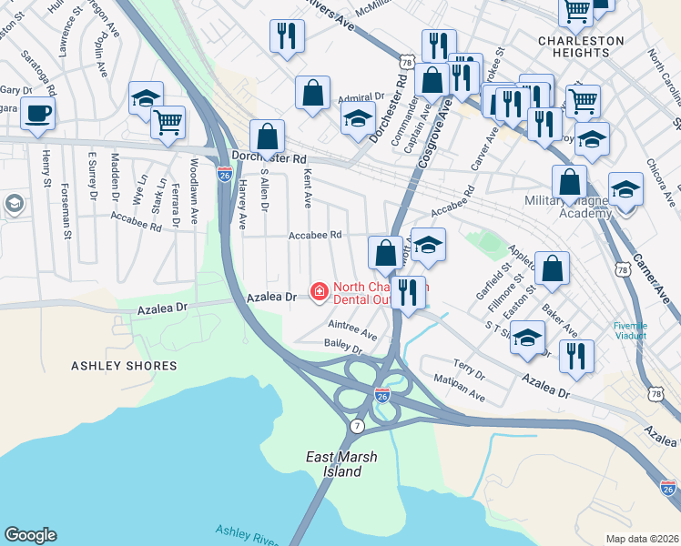map of restaurants, bars, coffee shops, grocery stores, and more near 2240 Suffolk Street in North Charleston