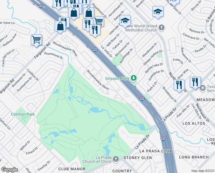 map of restaurants, bars, coffee shops, grocery stores, and more near 10950 Woodmeadow Parkway in Dallas