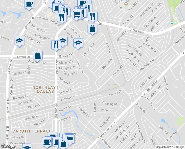 map of restaurants, bars, coffee shops, grocery stores, and more near 6631 Ridgemont Drive in Dallas