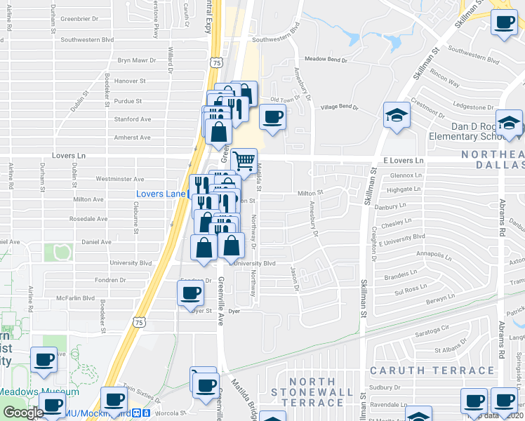 map of restaurants, bars, coffee shops, grocery stores, and more near 5198 Matilda Street in Dallas