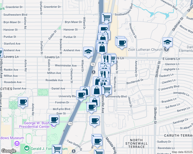map of restaurants, bars, coffee shops, grocery stores, and more near in Dallas