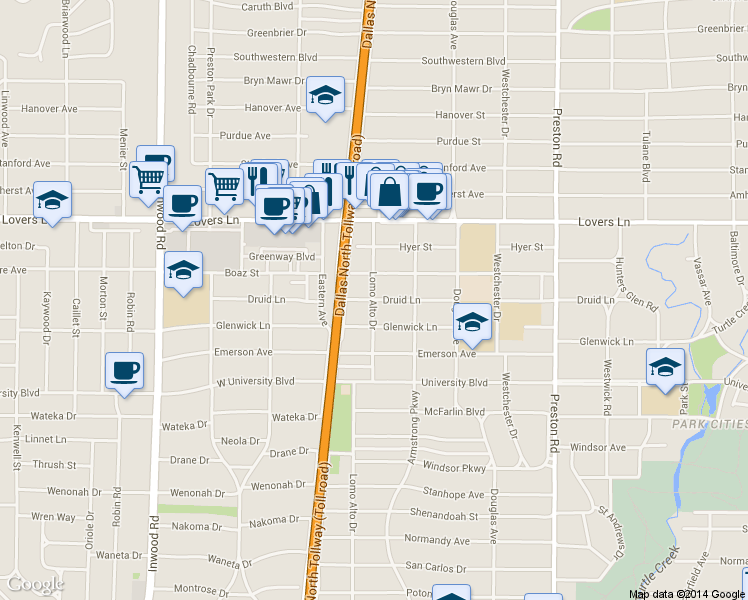 map of restaurants, bars, coffee shops, grocery stores, and more near 4424 Druid Lane in Dallas