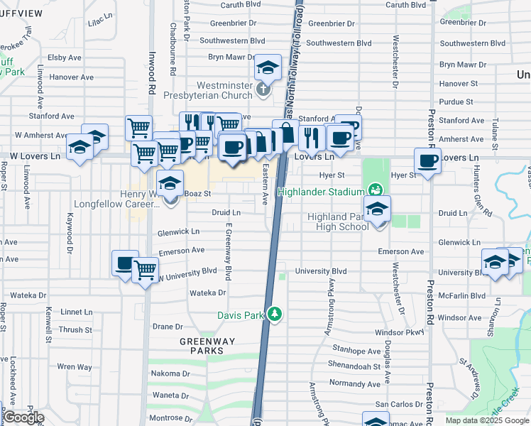 map of restaurants, bars, coffee shops, grocery stores, and more near 7524 Eastern Avenue in Dallas