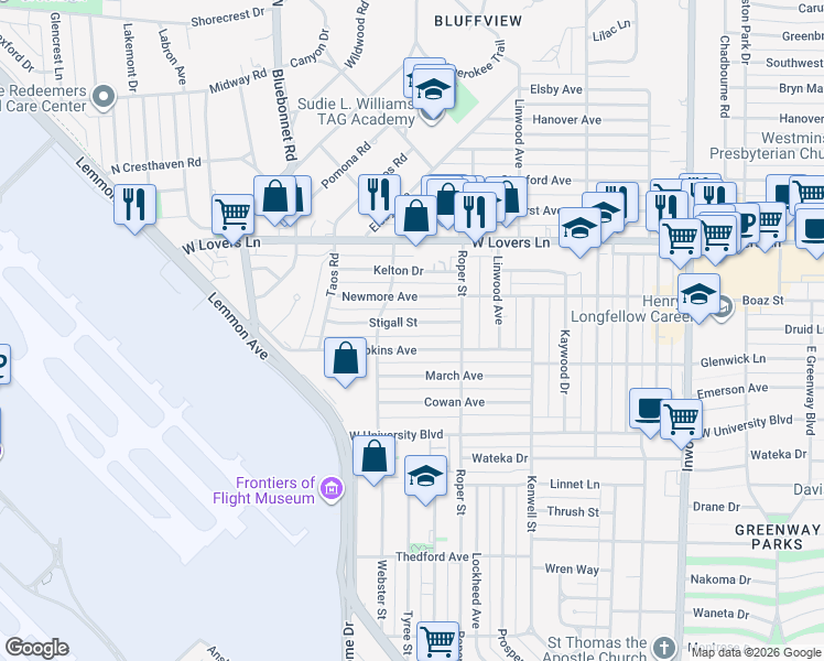 map of restaurants, bars, coffee shops, grocery stores, and more near 4522 Stigall Drive in Dallas