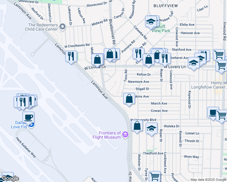 map of restaurants, bars, coffee shops, grocery stores, and more near 7602 Culcourt Street in Dallas