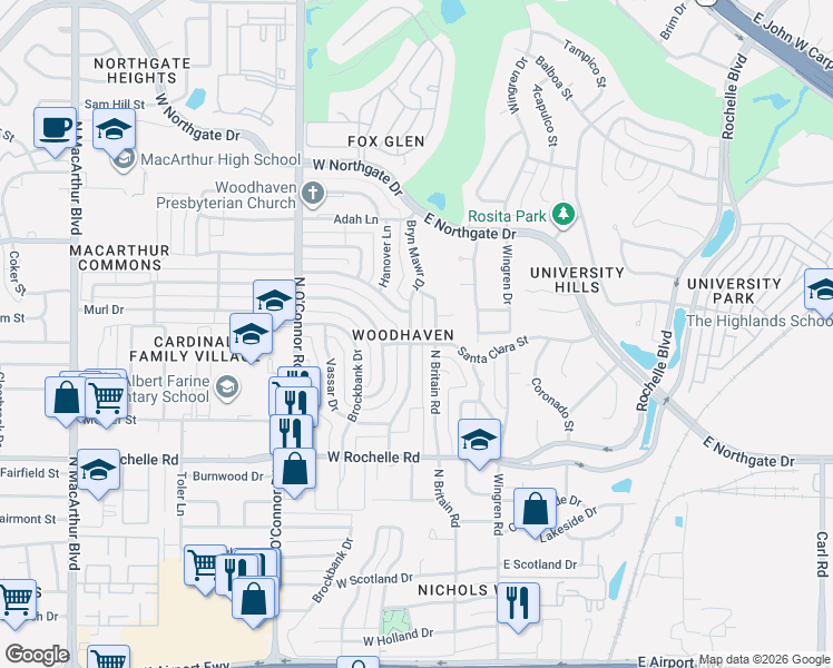 map of restaurants, bars, coffee shops, grocery stores, and more near 3301 Bryn Mawr Drive in Irving