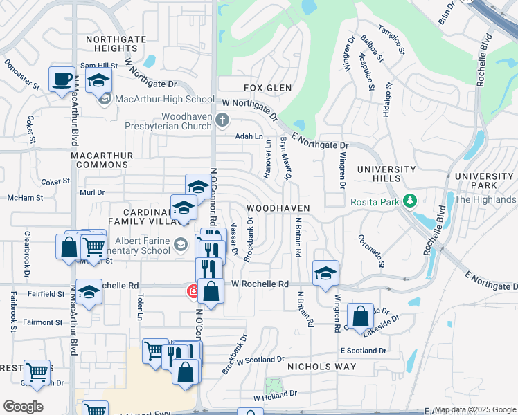 map of restaurants, bars, coffee shops, grocery stores, and more near 3307 Dartmouth Drive in Irving