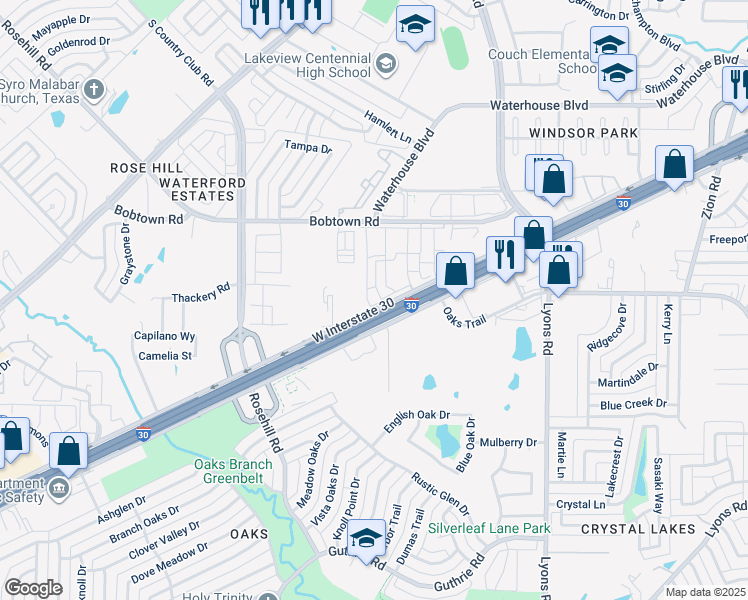 map of restaurants, bars, coffee shops, grocery stores, and more near 241 East Interstate 30 in Garland