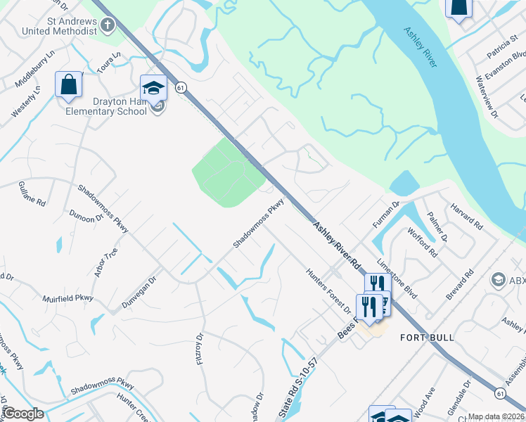map of restaurants, bars, coffee shops, grocery stores, and more near 5 Shadowmoss Parkway in Charleston