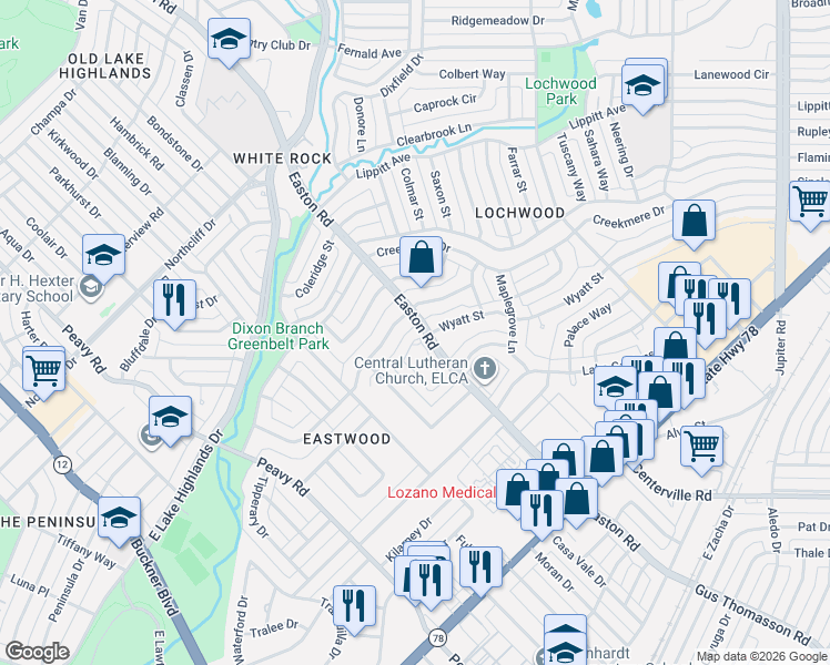 map of restaurants, bars, coffee shops, grocery stores, and more near 10448 Vinemont Street in Dallas