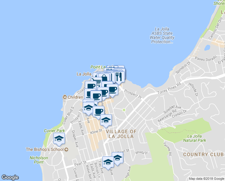 map of restaurants, bars, coffee shops, grocery stores, and more near 1229 Roslyn Lane in San Diego