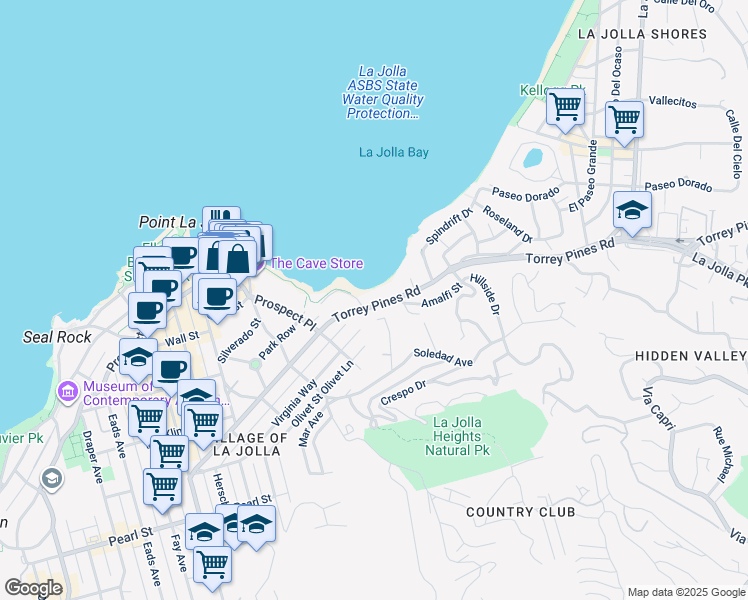 map of restaurants, bars, coffee shops, grocery stores, and more near 1624 Torrey Pines Road in San Diego
