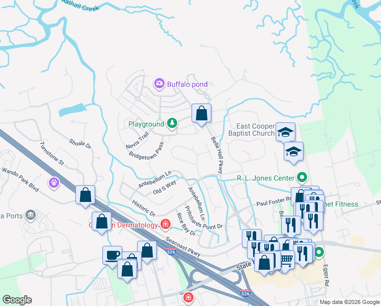 map of restaurants, bars, coffee shops, grocery stores, and more near 286 Jardinere Walk in Mount Pleasant