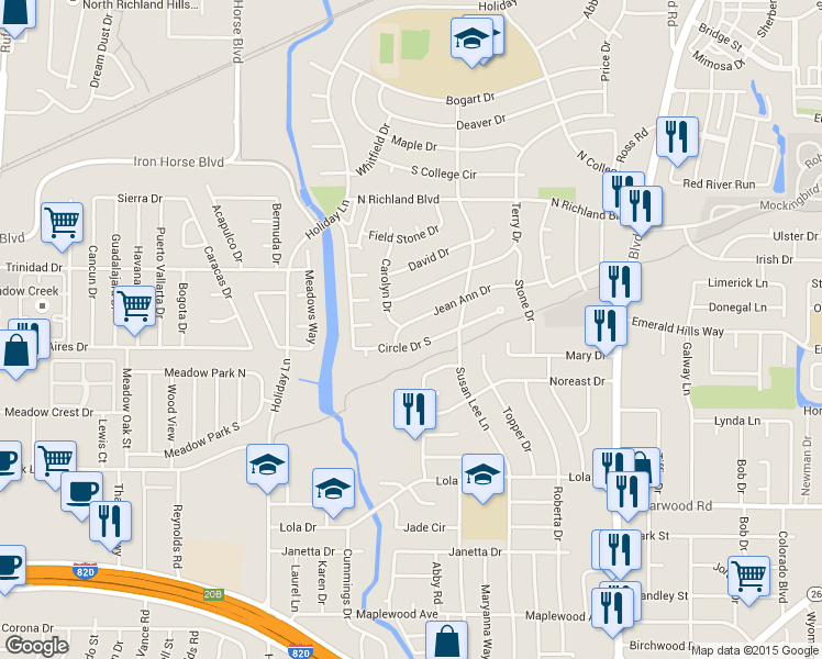 map of restaurants, bars, coffee shops, grocery stores, and more near 7516 Jean Ann Drive in Fort Worth
