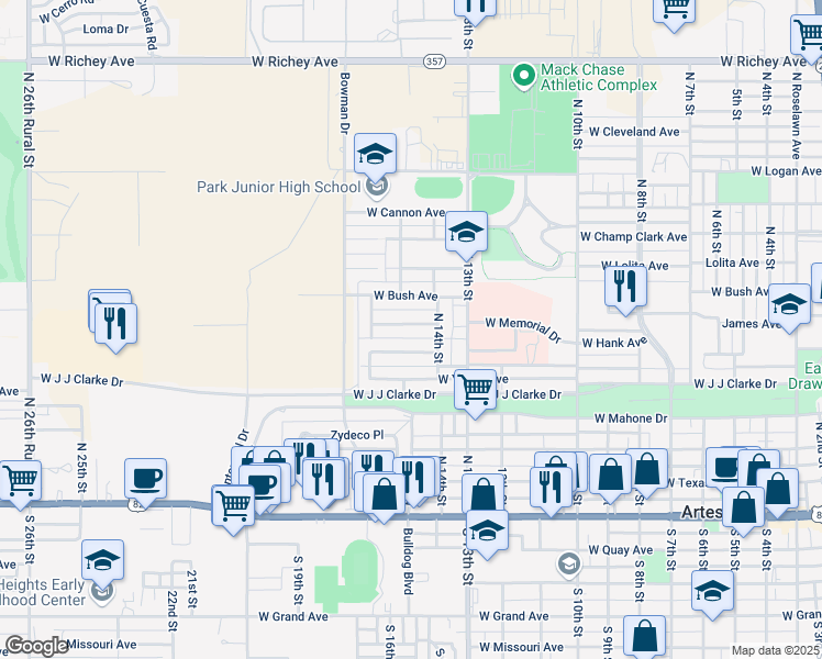 map of restaurants, bars, coffee shops, grocery stores, and more near 1409 West James Avenue in Artesia