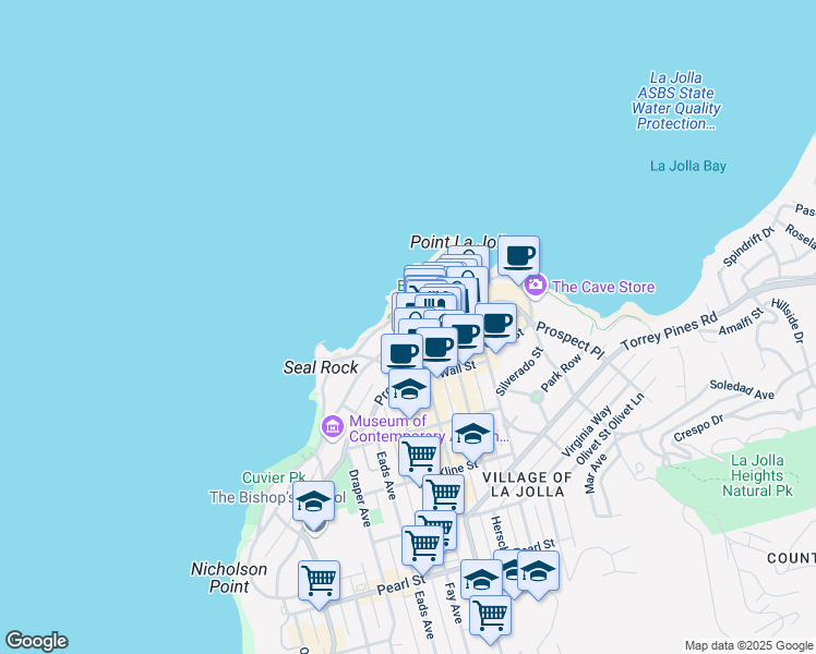 map of restaurants, bars, coffee shops, grocery stores, and more near 1043 Coast Boulevard South in San Diego