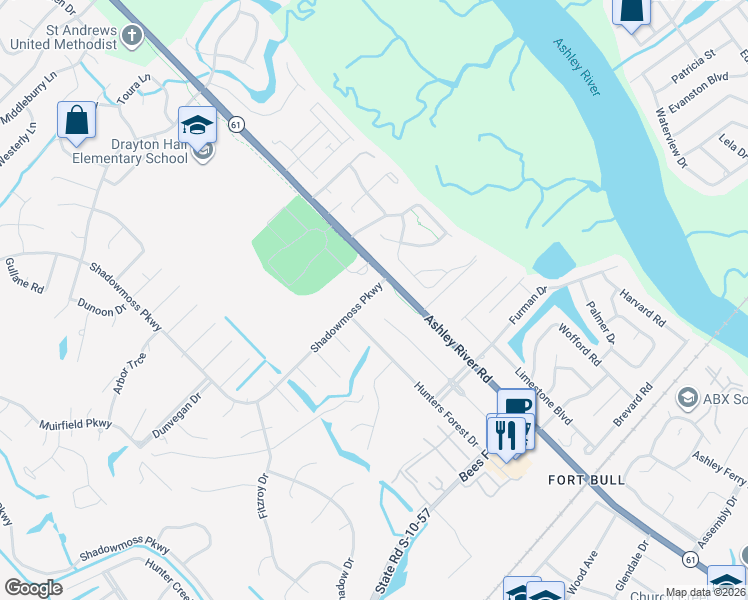 map of restaurants, bars, coffee shops, grocery stores, and more near 5 Shadowmoss Parkway in Charleston