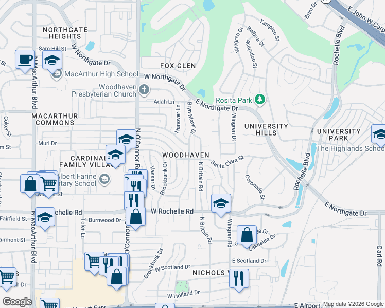 map of restaurants, bars, coffee shops, grocery stores, and more near 3301 Bryn Mawr Drive in Irving