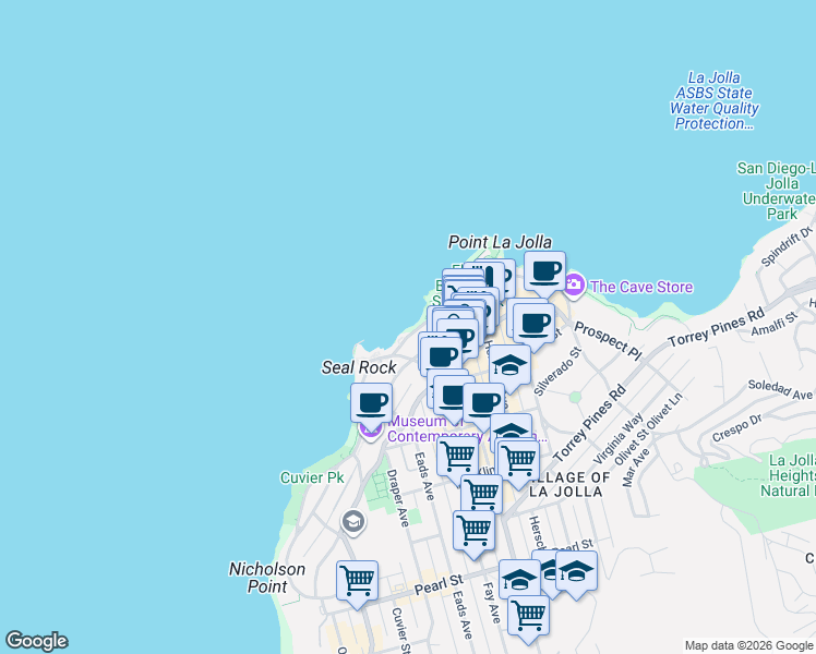 map of restaurants, bars, coffee shops, grocery stores, and more near 939 Coast Boulevard in San Diego
