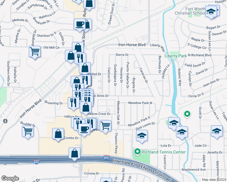 map of restaurants, bars, coffee shops, grocery stores, and more near 5609 Guadalajara Drive in Fort Worth