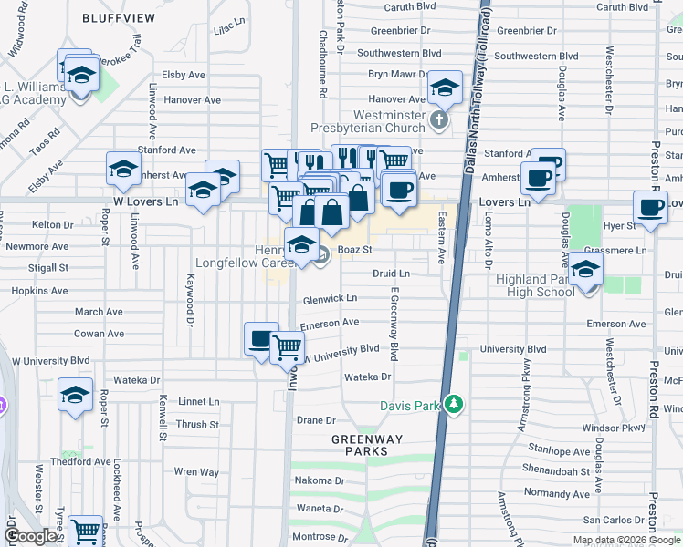 map of restaurants, bars, coffee shops, grocery stores, and more near 5401 Druid Lane in Dallas