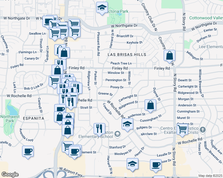 map of restaurants, bars, coffee shops, grocery stores, and more near 2814 Posey Drive in Irving