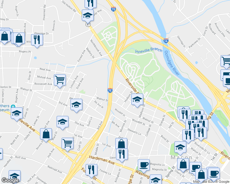 map of restaurants, bars, coffee shops, grocery stores, and more near 1695 Orchard Avenue in Macon